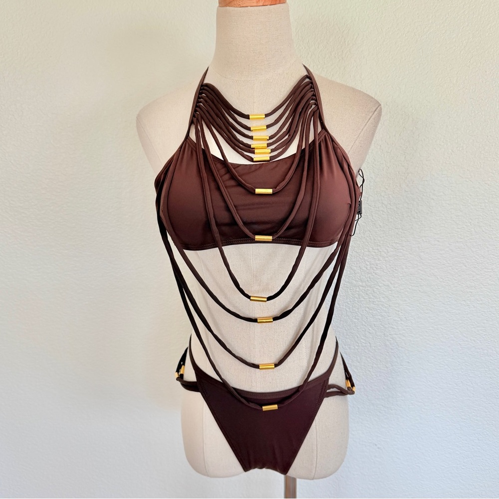🌞 Brown Strappy Rope Gold Metal Detail Bikini Swimsuit Set